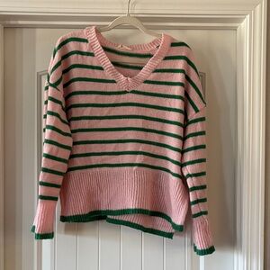 Chic Pink and Green Striped V-Neck Sweater